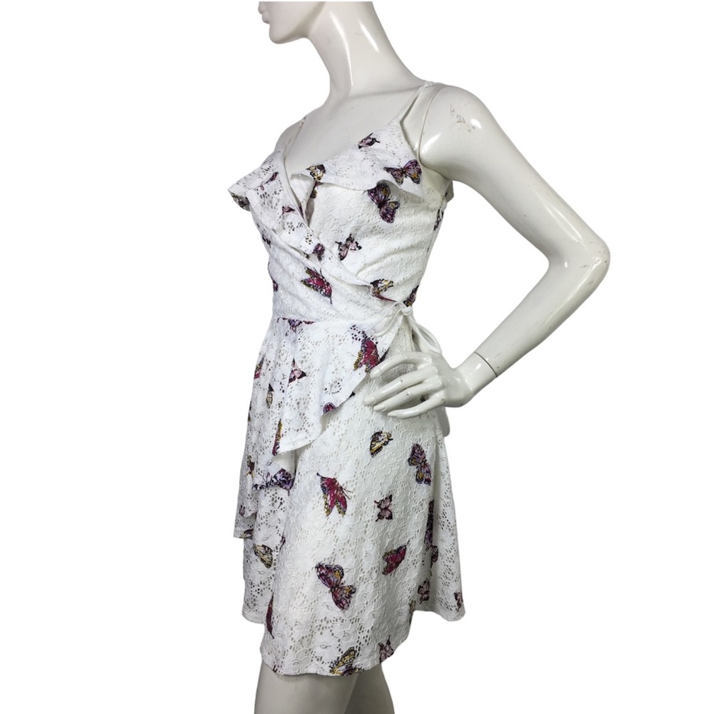 Love, fire Butterfly Print Faux Wrap Lace Mini Dress S